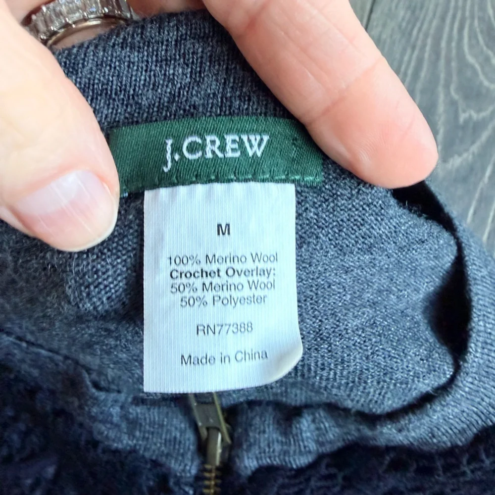 J. Crew Merino Wool Crochet Front Zip Up Cardigan